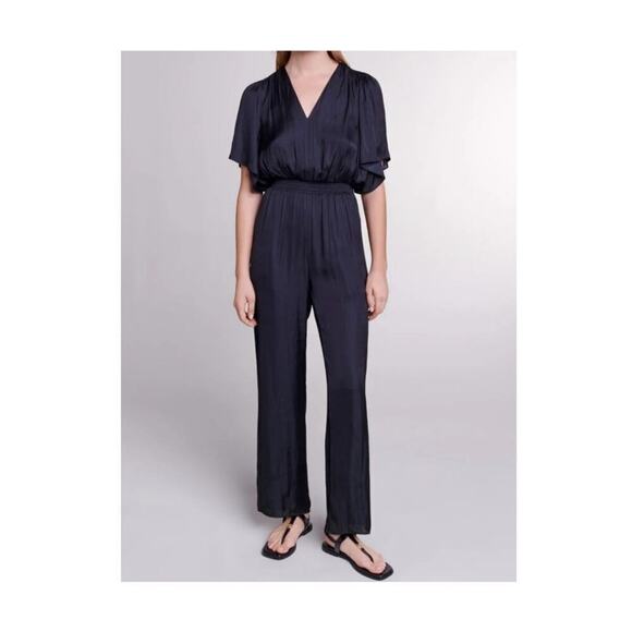 Maje $345 Black Satin Pant Jumpsuit Elastic Waist Size 42/ XL Flutter Sleeves - Picture 1 of 11